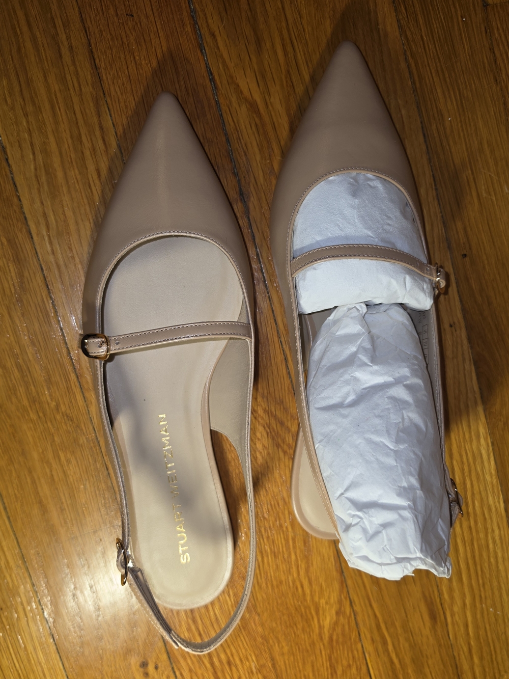 New Stuart Weitzman Emilia Beige Leather Flats 8W - Picture 6 of 7